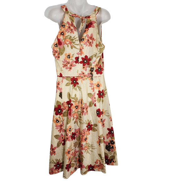 Ann Taylor LOFT Womens Dress Size 12 Fit and Flare Cotton Floral Halter V Neck - Picture 2 of 10